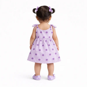 Lavender Polka Dot Tie-Up Strap Kids Dress – Soft Cotton Summer Wear for Girls BloomUp