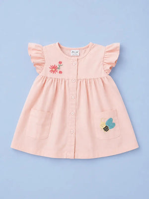 BloomUp Peach Flutter Sleeve Dress for Girls – Soft Cotton Casual Summer Wear