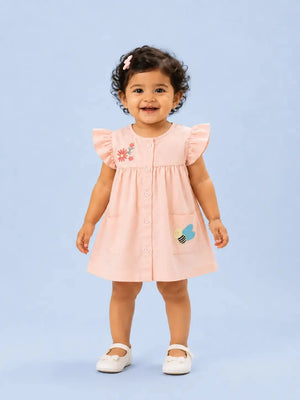 BloomUp Peach Flutter Sleeve Dress for Girls – Soft Cotton Casual Summer Wear