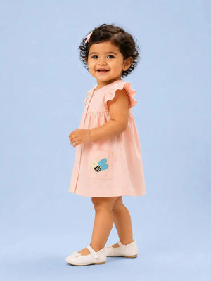 BloomUp Peach Flutter Sleeve Dress for Girls – Soft Cotton Casual Summer Wear