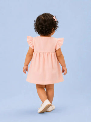 BloomUp Peach Flutter Sleeve Dress for Girls – Soft Cotton Casual Summer Wear