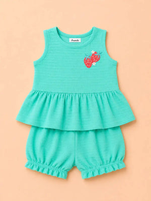 BloomUp Mint Green Peplum Top & Bloomers Set for Girls – Soft Cotton Casual Summer Outfit