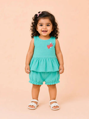 BloomUp Mint Green Peplum Top & Bloomers Set for Girls – Soft Cotton Casual Summer Outfit