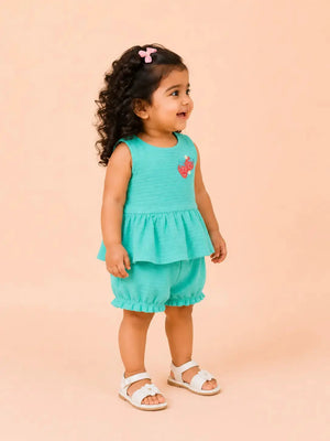 BloomUp Mint Green Peplum Top & Bloomers Set for Girls – Soft Cotton Casual Summer Outfit