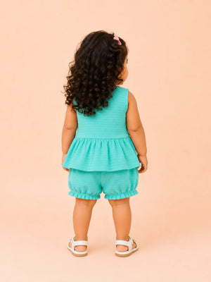BloomUp Mint Green Peplum Top & Bloomers Set for Girls – Soft Cotton Casual Summer Outfit