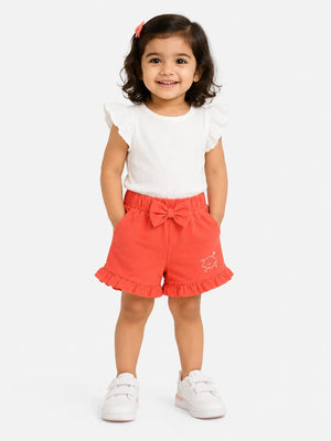 BloomUp Coral Ruffle Shorts for Girls – Soft Cotton Casual Summer Wear