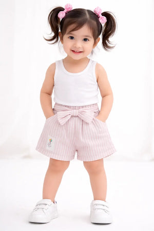 Bloomup Pink Cotton Striped Girls Shorts with Bow Spark
