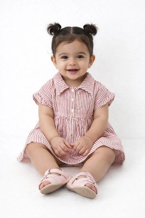 Red Striped Collared Kids Dress – Soft Cotton Summer Wear for Girls BloomUp