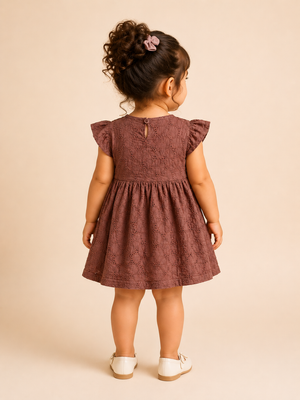 Girls Brown Flutter Sleeve Printed Soft Cotton Kids Fashion Wear BloomUp