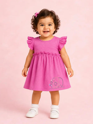 BloomUp Dark Pink Ruffle Sleeve Dress for Girls – Soft Cotton Casual Summer Wear