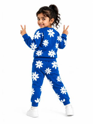 BloomUp Royal Blue Floral Print Co-ord Set for Baby Girls – Soft Sweatshirt & Jogger Pants Set