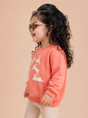 BloomUp Coral Bunny Graphic Sweatshirt for Kids – Soft Cotton Fleece Pullover Top Warm Casual Wear