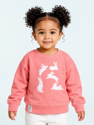 BloomUp Coral Pink Bunny Print Sweatshirt for Girls – Soft Cotton Fleece Winter Pullover