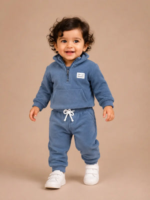 BloomUp Blue Half-Zip Fleece Tracksuit Set for Kids – Cozy Winter Sweatshirt & Jogger Co-ord Outfit for Boys & Girls