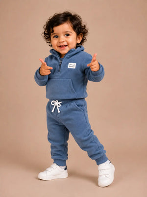 BloomUp Blue Half-Zip Fleece Tracksuit Set for Kids – Cozy Winter Sweatshirt & Jogger Co-ord Outfit for Boys & Girls