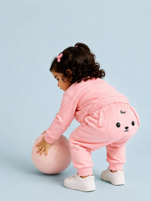 BloomUp Pink Bunny Face Co-ord Set for Baby Girls – Soft Sweatshirt & Jogger Pants Set