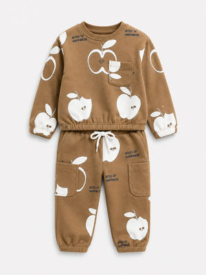 BloomUp Camel Brown Apple Print Co-ord Set for Baby girls– Soft Sweatshirt & Jogger Pants Kids Outfit