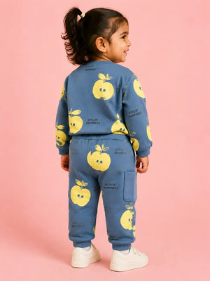 BloomUp Dusty Blue Apple Print Co-ord Set for Baby Boys – Soft Full Sleeve Sweatshirt & Shorts Kids Outfit