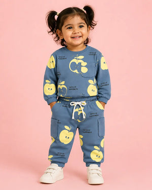 BloomUp Dusty Blue Apple Print Co-ord Set for Baby Boys – Soft Full Sleeve Sweatshirt & Shorts Kids Outfit