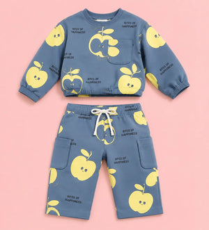 BloomUp Dusty Blue Apple Print Co-ord Set for Baby Boys – Soft Full Sleeve Sweatshirt & Shorts Kids Outfit