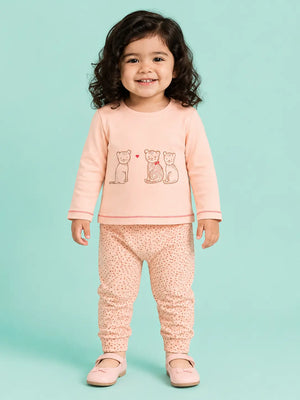 BloomUp Peach Bear Print Full Sleeve Co-Ord Set for Baby Girls – Soft Cotton Top & Jogger Pants Set