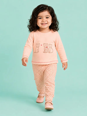 BloomUp Peach Bear Print Full Sleeve Co-Ord Set for Baby Girls – Soft Cotton Top & Jogger Pants Set