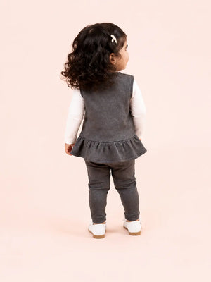BloomUp Charcoal Grey Peplum Zip Vest, White T-Shirt & Pants Set for Girls – Soft Cotton 3-Piece Kids Outfit