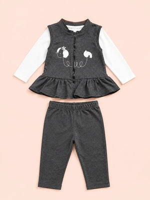 BloomUp Charcoal Grey Peplum Zip Vest, White T-Shirt & Pants Set for Girls – Soft Cotton 3-Piece Kids Outfit