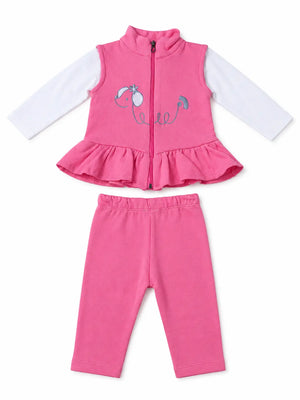 BloomUp Pink Elephant Embroidered Zip-Up Jacket & Leggings Set for Baby Girls – Soft Cotton Daily Wear Outfit
