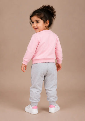 BloomUp Pink Floral Graphic Sweatshirt & Grey Jogger Set for Girls – Soft Cotton Blend Kids Co-ord Outfit