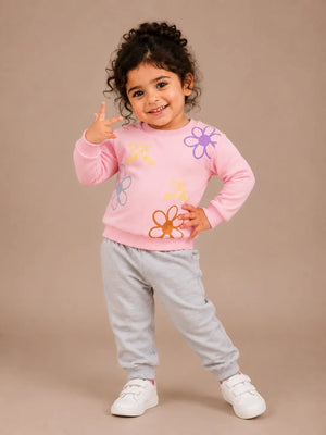 BloomUp Pink Floral Graphic Sweatshirt & Grey Jogger Set for Girls – Soft Cotton Blend Kids Co-ord Outfit
