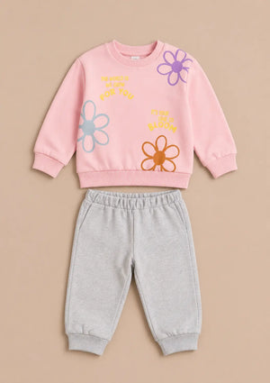 BloomUp Pink Floral Graphic Sweatshirt & Grey Jogger Set for Girls – Soft Cotton Blend Kids Co-ord Outfit
