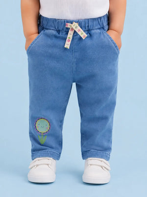 BloomUp Blue Flower Embroidered Jogger Pants for Girls – Soft Cotton Comfort Fit Bottom Wear