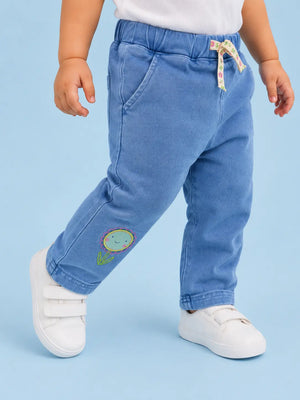 BloomUp Blue Flower Embroidered Jogger Pants for Girls – Soft Cotton Comfort Fit Bottom Wear
