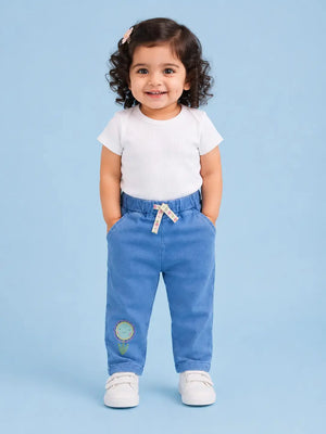 BloomUp Blue Flower Embroidered Jogger Pants for Girls – Soft Cotton Comfort Fit Bottom Wear