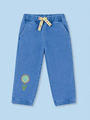 BloomUp Blue Flower Embroidered Jogger Pants for Girls – Soft Cotton Comfort Fit Bottom Wear