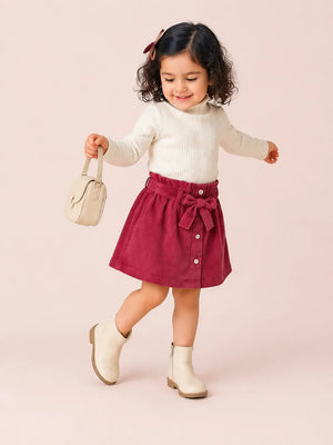 BloomUp Girls Maroon Corduroy Skirt – Button Front Casual Kids Skirt with Waist Belt
