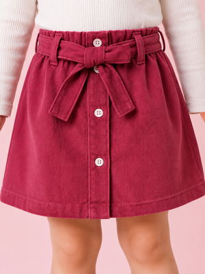 Girls Maroon Corduroy Skirt – Button Front Casual Kids Skirt with Waist Belt BloomUp