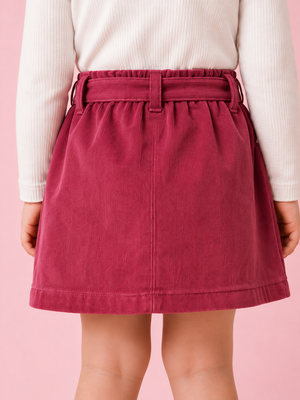 Girls Maroon Corduroy Skirt – Button Front Casual Kids Skirt with Waist Belt BloomUp