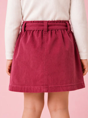 BloomUp Girls Maroon Corduroy Skirt – Button Front Casual Kids Skirt with Waist Belt