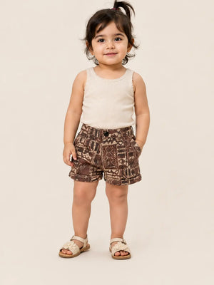 BloomUp Girls Brown Abstract Print Cotton Shorts – Casual Summer Shorts for Kids