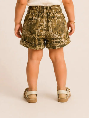 BloomUp Girls Abstract Print Olive Green Casual Summer Shorts for Kids