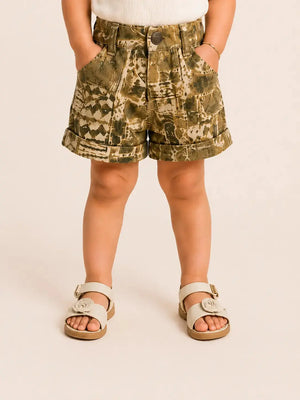 BloomUp Girls Abstract Print Olive Green Casual Summer Shorts for Kids
