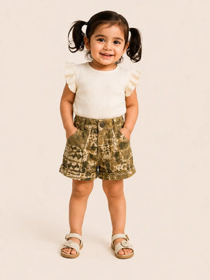 BloomUp Girls Abstract Print Olive Green Casual Summer Shorts for Kids
