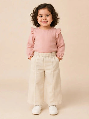 BloomUp Girls Ivory Wide Leg Cotton Pants – Soft Casual Kids Bottom Wear