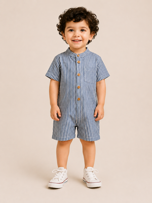 Boys Blue & White Striped Cotton Romper – Short Sleeve Casual Summer Outfit for Toddlers BloomUp