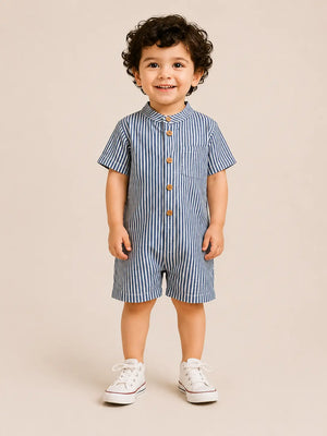 BloomUp Boys Blue & White Striped Cotton Romper – Short Sleeve Casual Summer Outfit for Toddlers