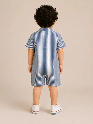 BloomUp Boys Blue & White Striped Cotton Romper – Short Sleeve Casual Summer Outfit for Toddlers