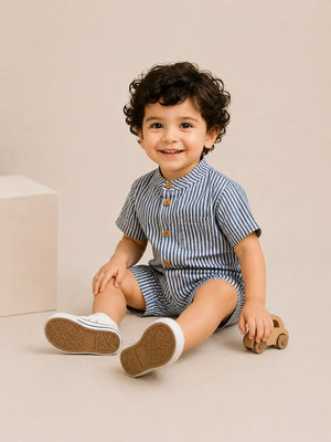 BloomUp Boys Blue & White Striped Cotton Romper – Short Sleeve Casual Summer Outfit for Toddlers