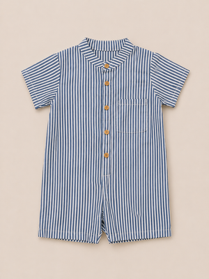 Boys Blue & White Striped Cotton Romper – Short Sleeve Casual Summer Outfit for Toddlers BloomUp